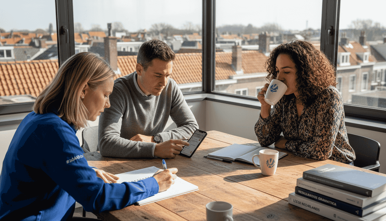 Vakgenoten komen samen om tijdens een taalcursus ervaringen uit te wisselen en samen te werken.