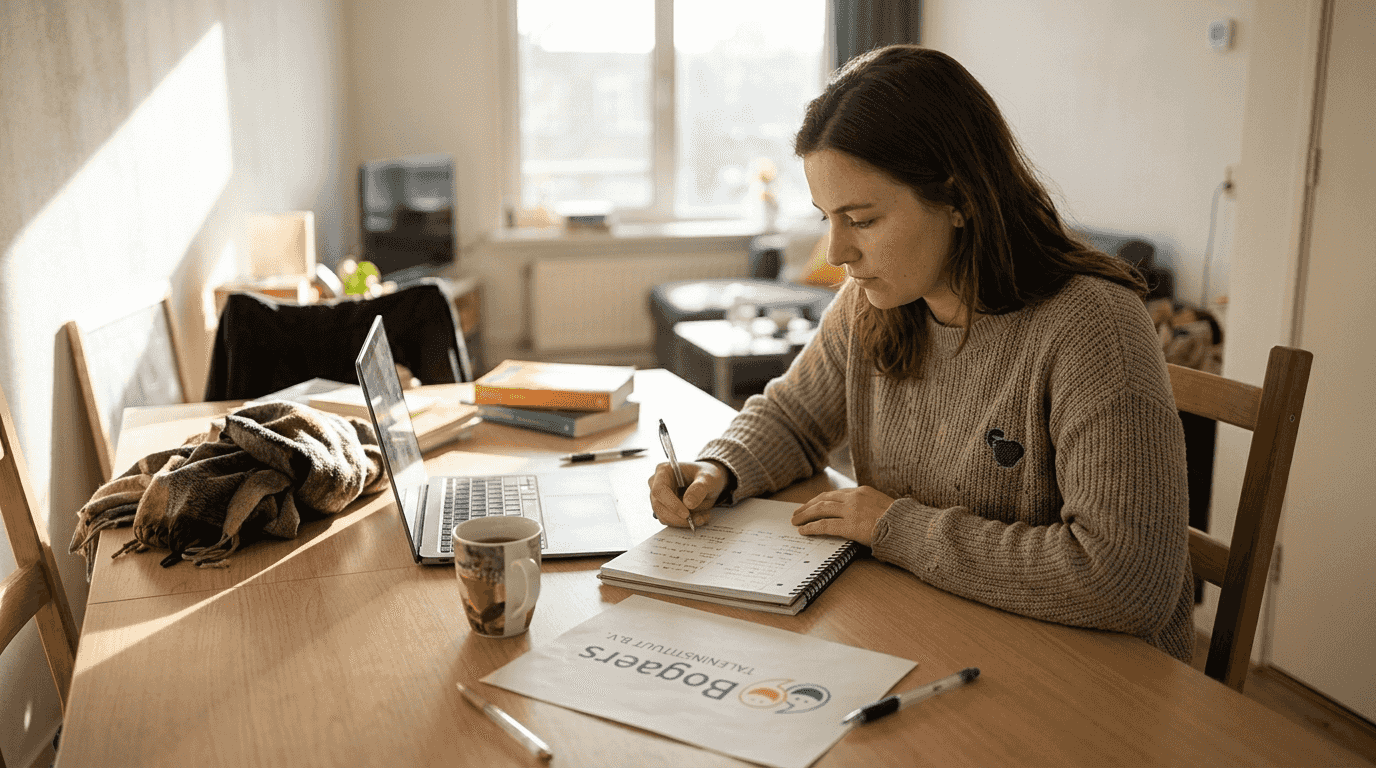 Een vrouw zit thuis aan de eettafel en verdiept zich in haar taallessen.