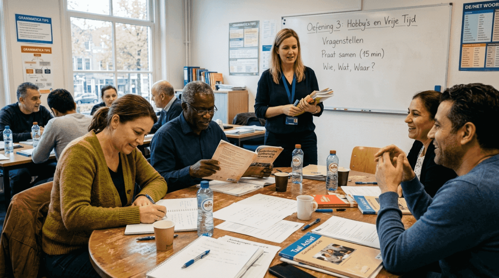 Volwassenen nemen deel aan een interactieve taalcursus in groepsverband, gezellig samen aan tafel.