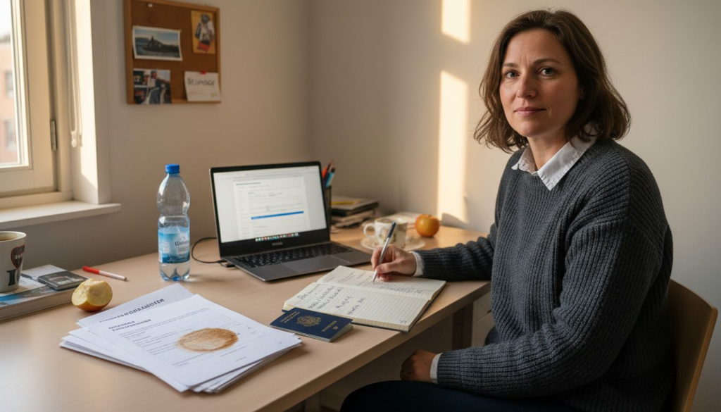 Een vrouw is bezig met het invullen van het aanmeldformulier voor een taalcursus.