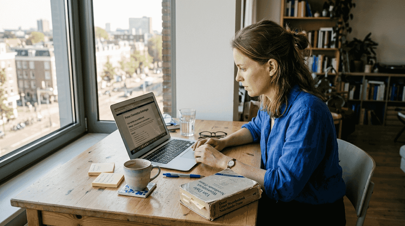 Een vrouw zit in een hoekje van haar kantoor en verdiept zich in het leren van een nieuwe taal.