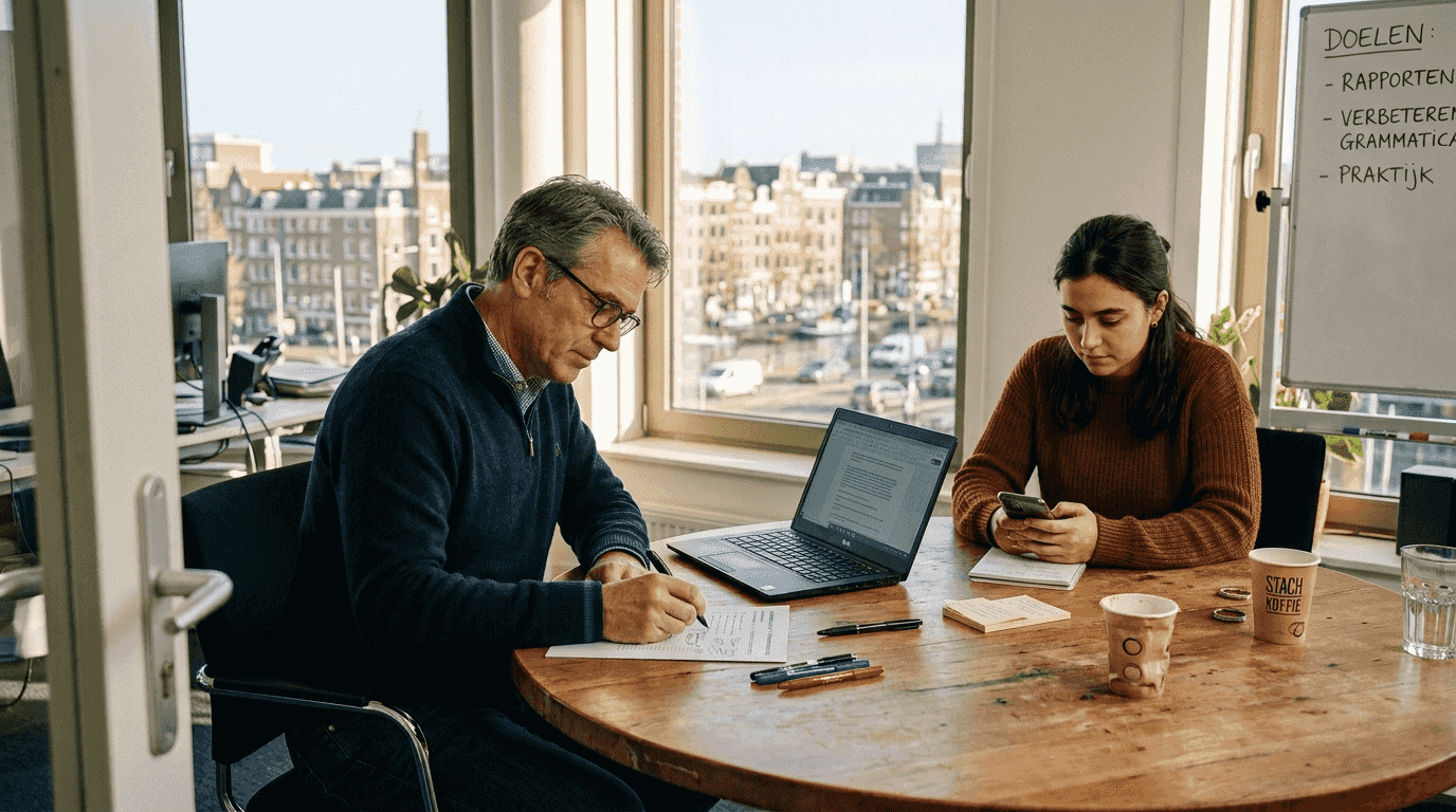 De taaltrainer en een collega brengen samen de benodigde informatie in kaart voor het intakegesprek.