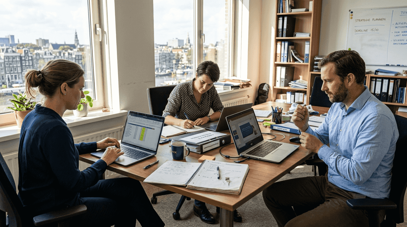 Een team overlegt in het Nederlands op een druk kantoor.