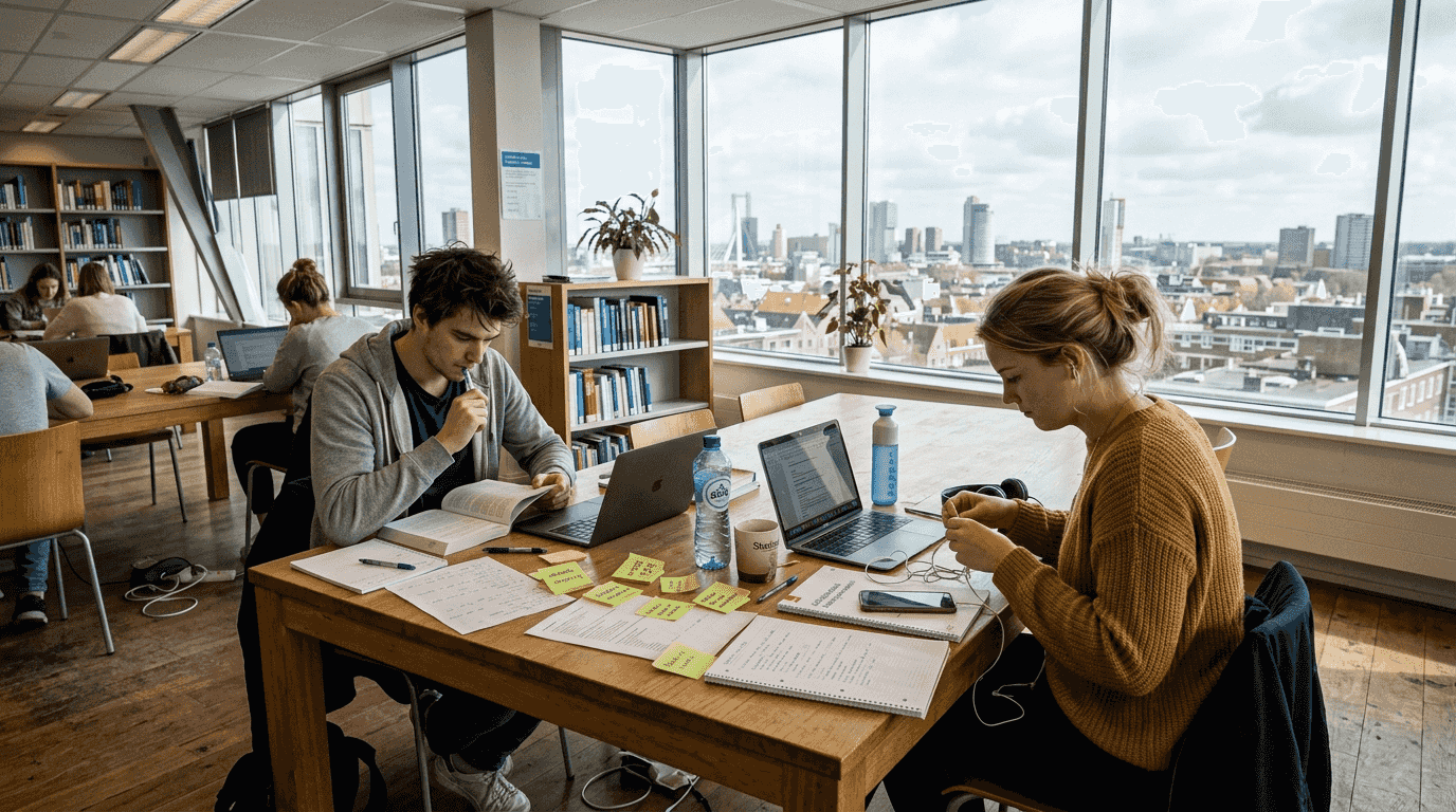 Twee studenten zitten samen in een zonnig hoekje van het lokaal, verdiept in het leren van nieuwe talen.