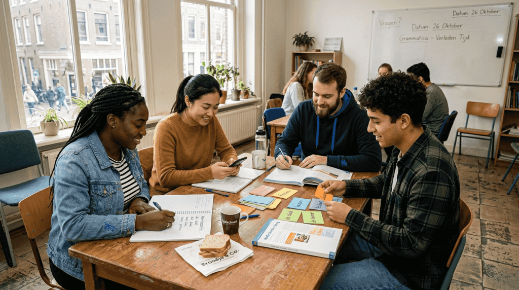 In een klaslokaal zitten volwassenen met verschillende culturele achtergronden samen om nieuwe talen te leren.