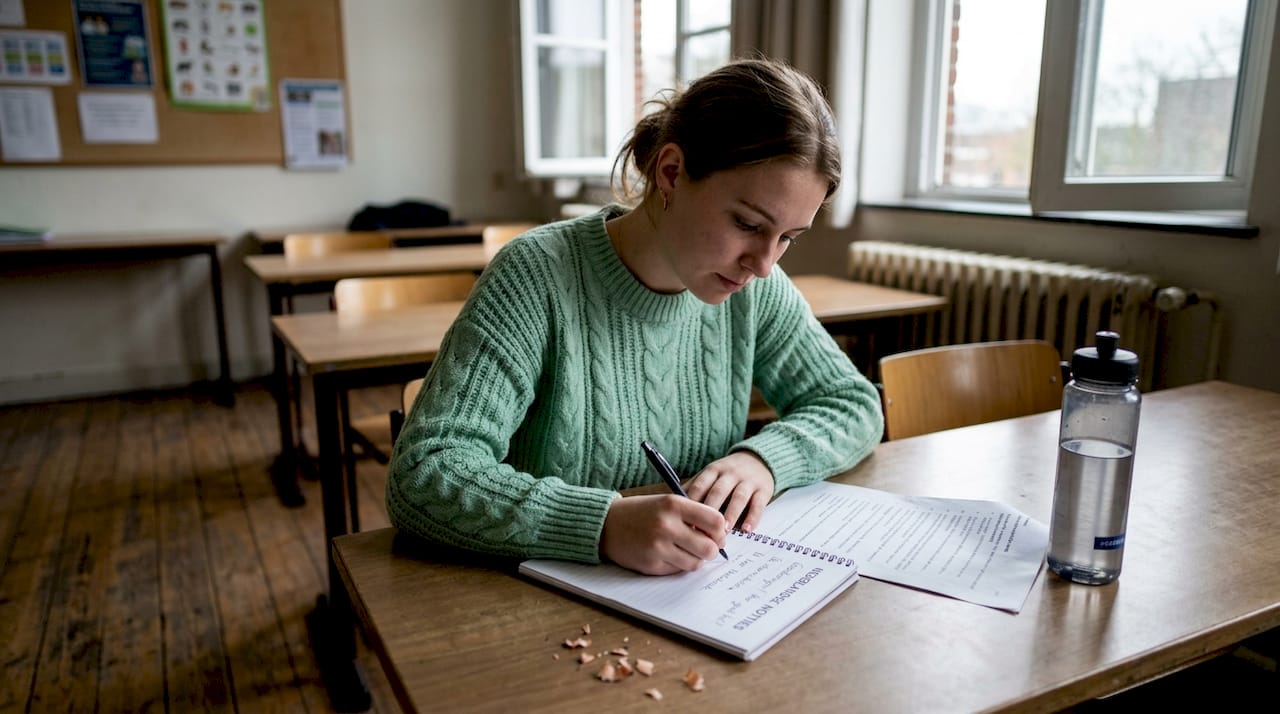Een leerling maakt aantekeningen in zijn schrift tijdens de les Nederlands.