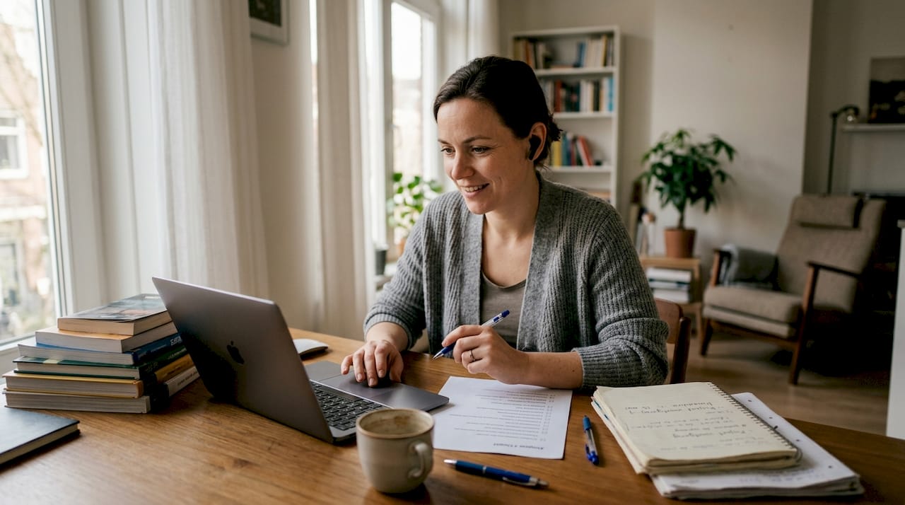 Vrouw bekijkt haar checklist voor taalcursus aan de keukentafel.