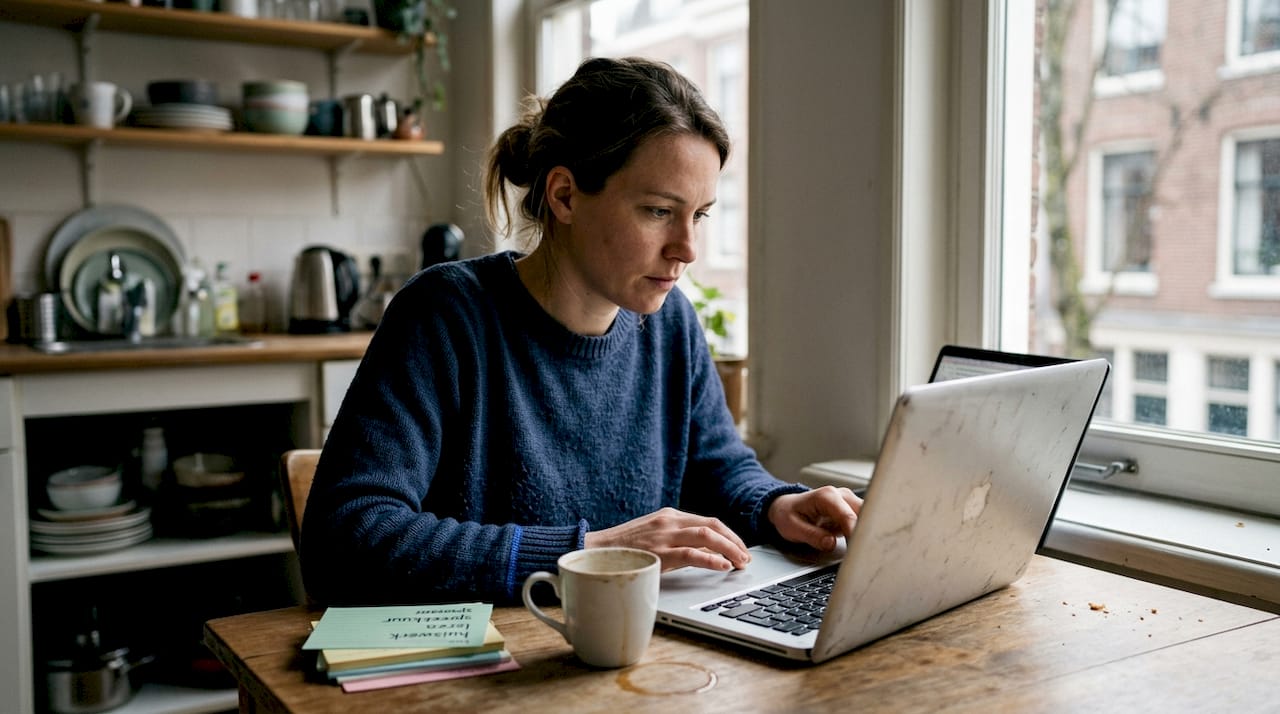Aan de keukentafel werkt een vrouw aan haar taaltest.