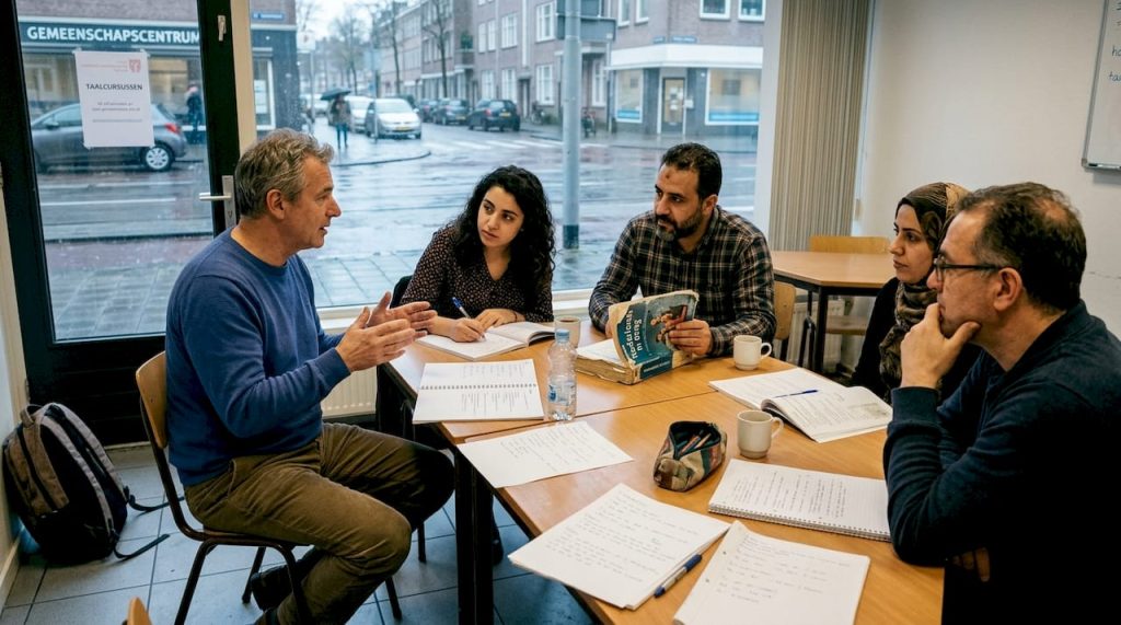 Volwassenen die samen een taalcursus volgen in een klaslokaal
