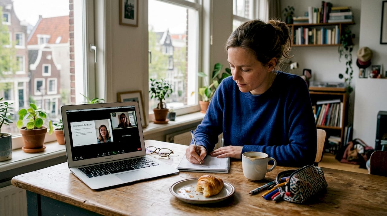 Terwijl ze aan de keukentafel zit, volgt een vrouw een taalcursus via internet.