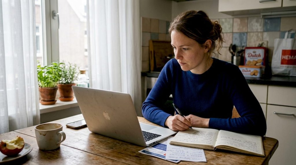 Vrouw vergelijkt verschillende online taalcursussen om de beste keuze te maken.