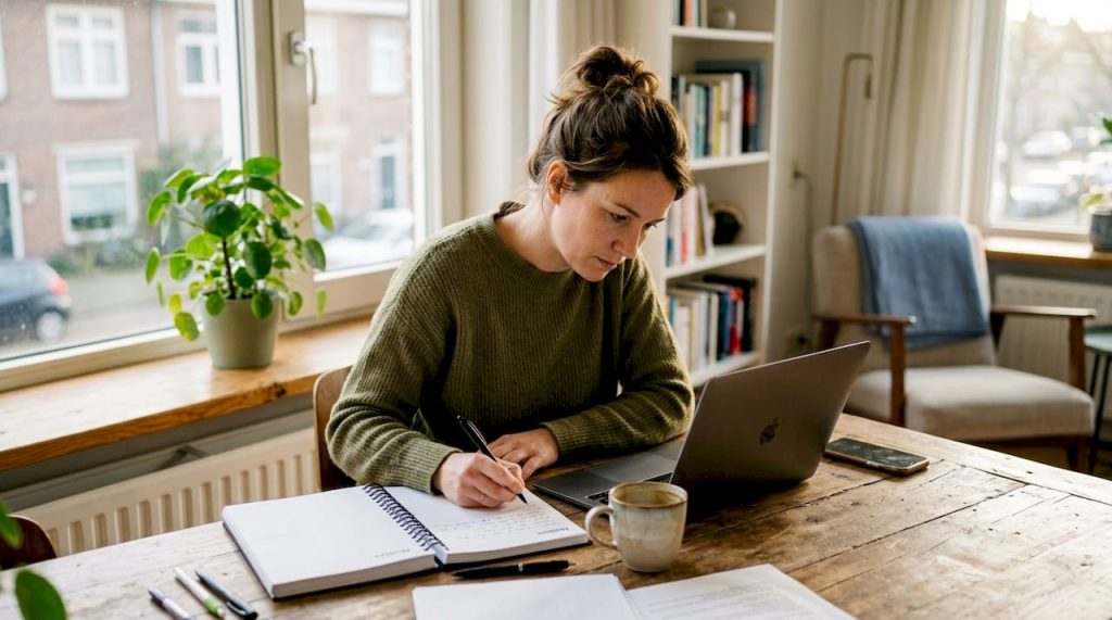 Met een kop koffie binnen handbereik zit een vrouw thuis achter haar laptop te studeren.