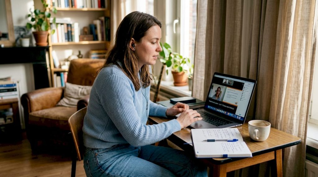 Vrouw volgt vanuit huis een online taalcursus