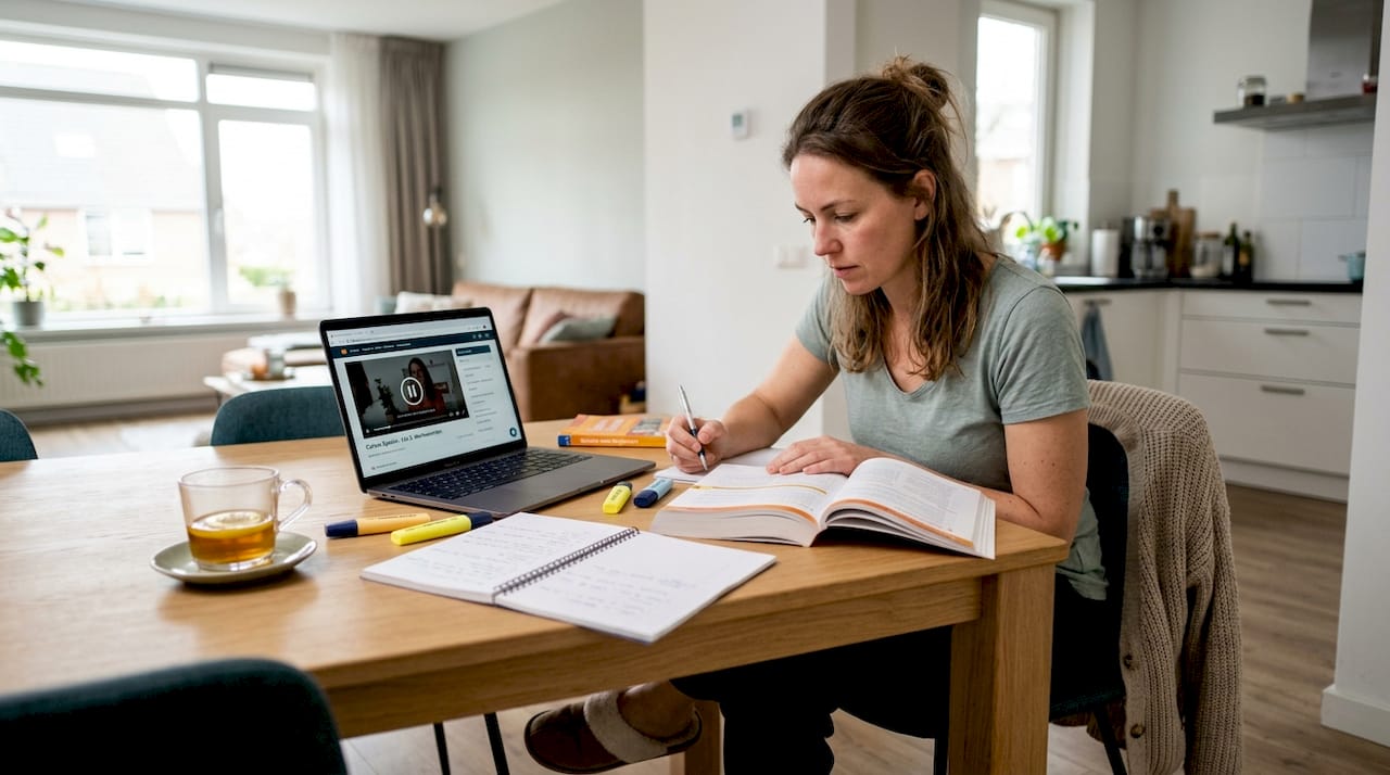 Vrouw volgt thuiscursus vreemde taal