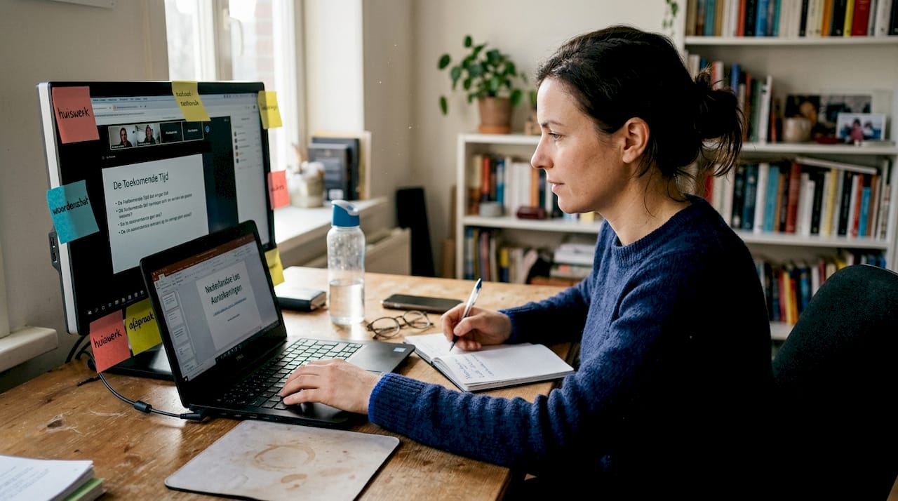 Vrouw volgt vanuit huis een online taalcursus