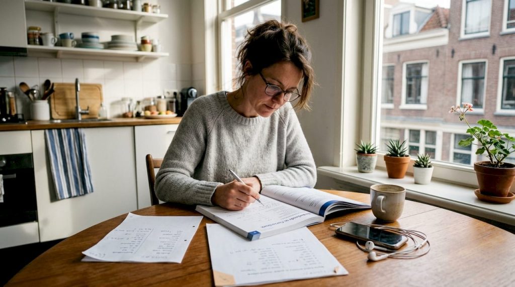 Aan de keukentafel verdiept een vrouw zich in verschillende talen.