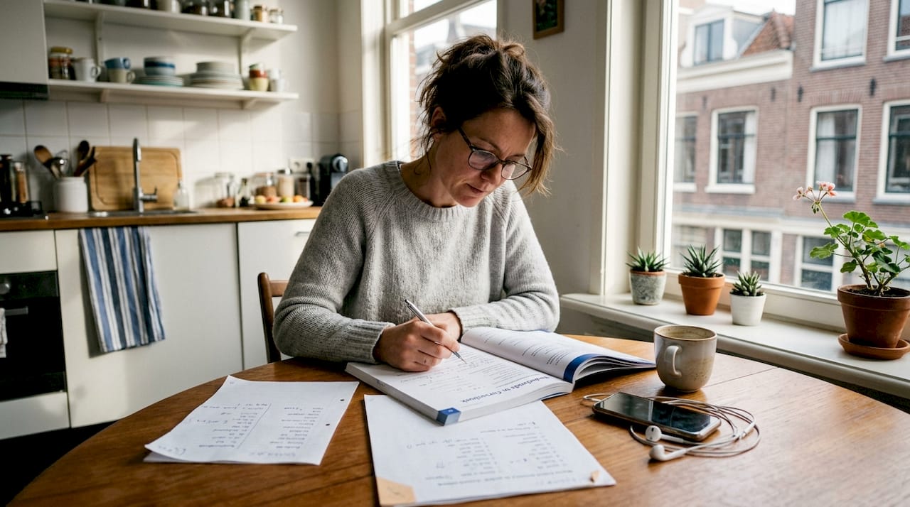 Aan de keukentafel verdiept een vrouw zich in verschillende talen.
