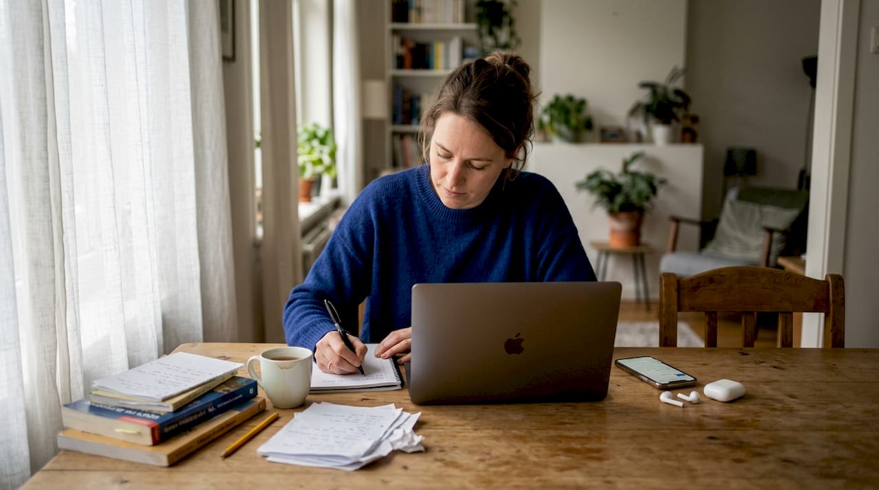 Vrouw werkt zelfstandig aan haar taalkennis achter haar bureau thuis