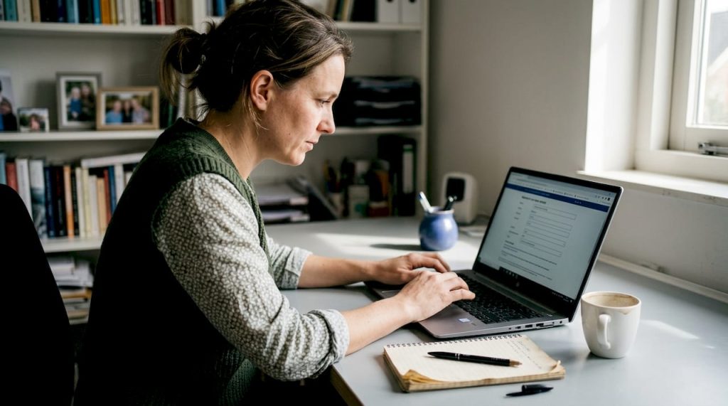 Thuis studeert een vrouw voor haar taaldiploma