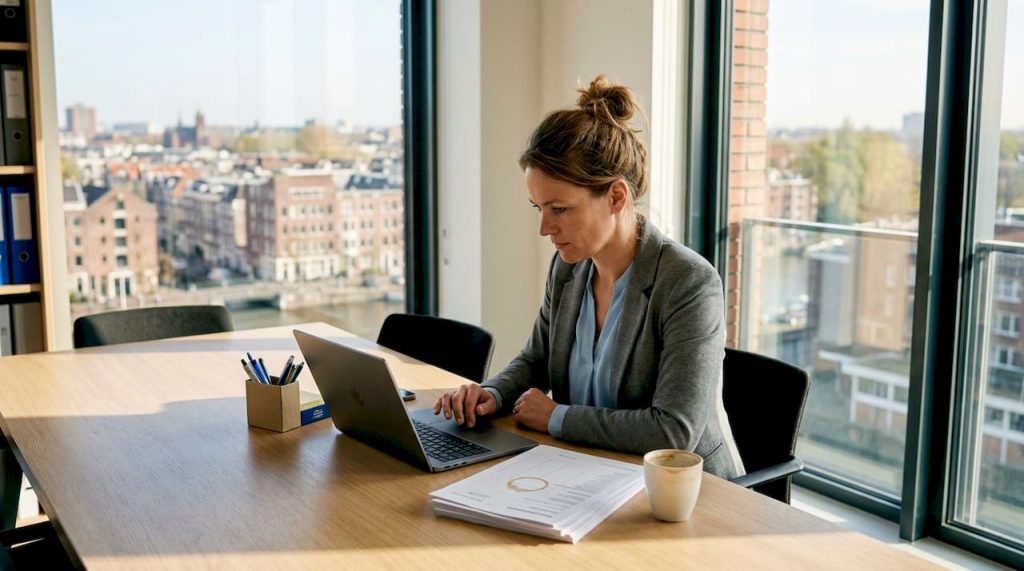 De HR-manager zit aan haar bureau en bestudeert het rapport over de taaltoets.
