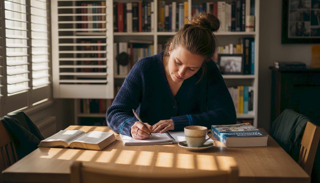 Een vrouw zit aan de eettafel verdiept in haar studieboeken.