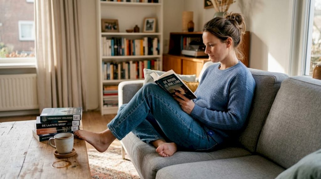 Een vrouw zit ontspannen op de bank met een goed boek en een kop thee binnen handbereik.