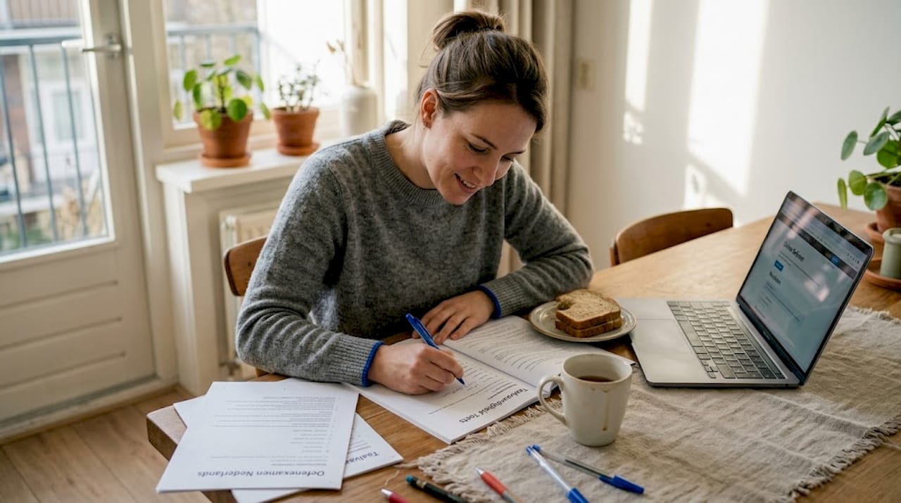 Vrouw bereidt zich thuis voor op haar examen Nederlands