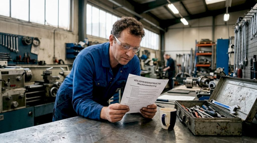 Een technicus loopt in de werkplaats de veiligheidsinstructies nog eens goed door.