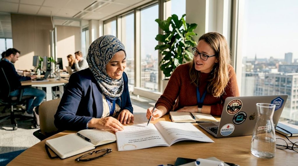 Twee collega’s bespreken samen documenten aan de vergadertafel.