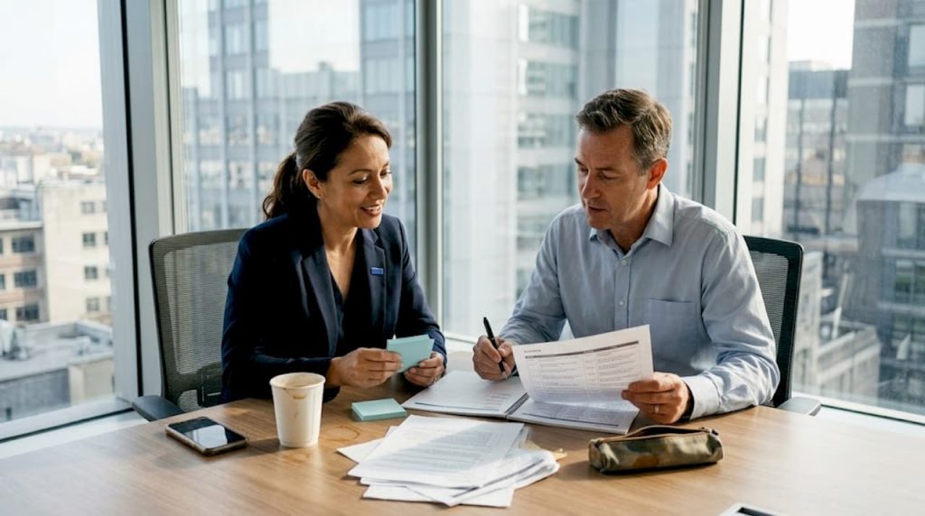 Een HR-manager en een trainer zitten samen aan tafel om het team te versterken.