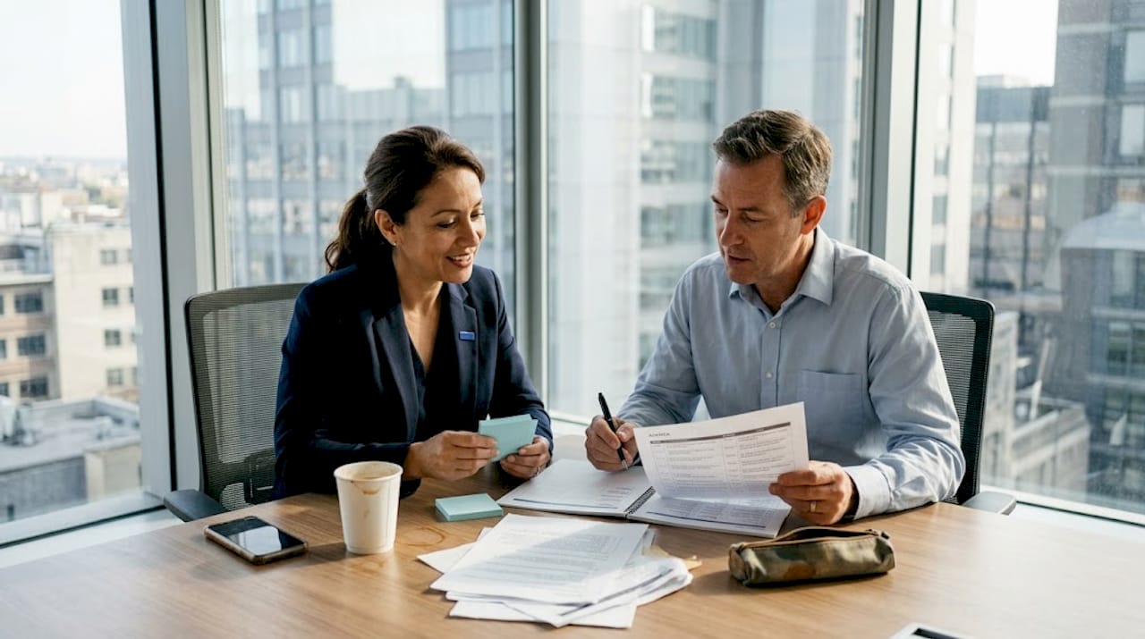 Een HR-manager en een trainer zitten samen aan tafel om het team te versterken.