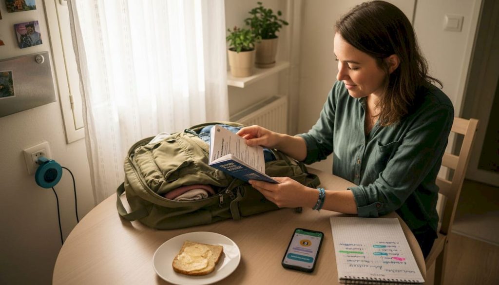 Een vrouw treft thuis de laatste voorbereidingen voor haar taalcursus in het buitenland.