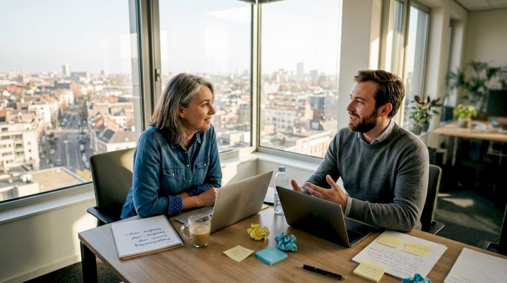 Collega’s bespreken samen aan tafel hoe ze hun taalvaardigheid kunnen verbeteren.