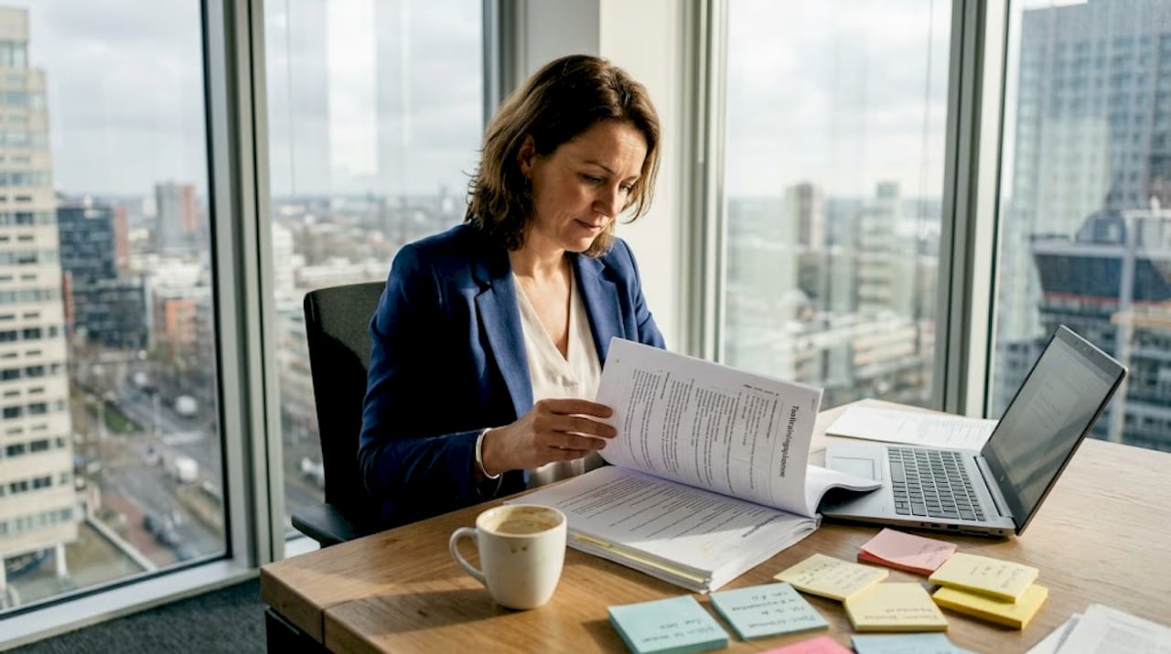 De HR-manager is op kantoor druk bezig met het opstellen van plannen voor taaltrainingen.