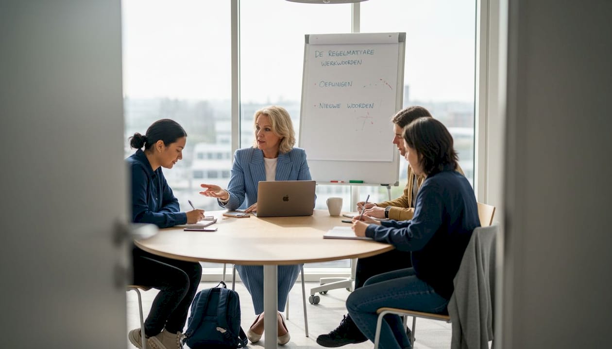 Taaltrainer geeft interactieve les aan een groep cursisten