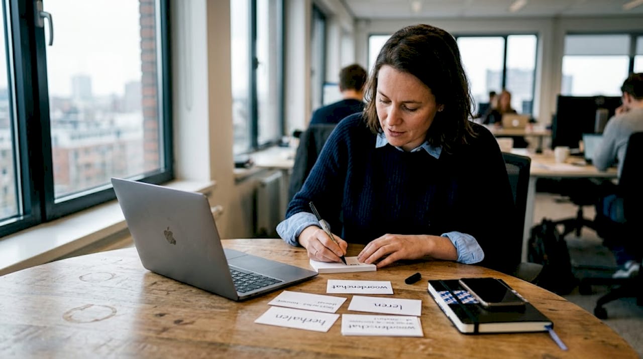 Een vrouw zit aan haar bureau op kantoor en is bezig met het maken van flashcards.