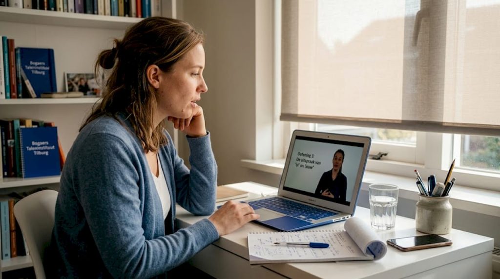 Een vrouw zit thuis aan haar bureau en oefent haar uitspraak.
