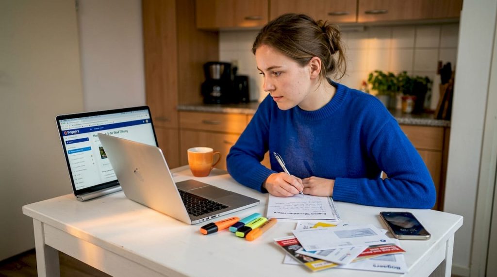Een vrouw volgt een taalcursus vanuit huis, waarbij ze online lessen combineert met zelfstudie.