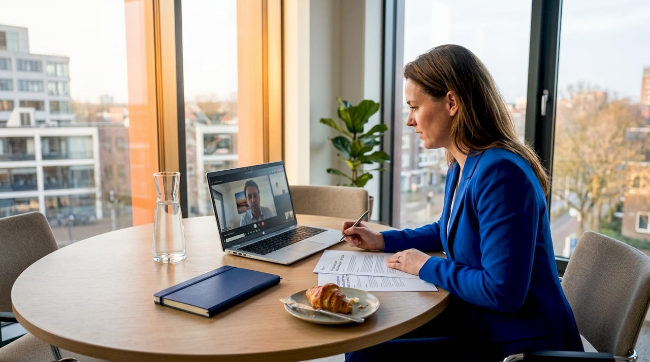 Een Nederlandse zakenvrouw voert een videogesprek met haar Franse collega.