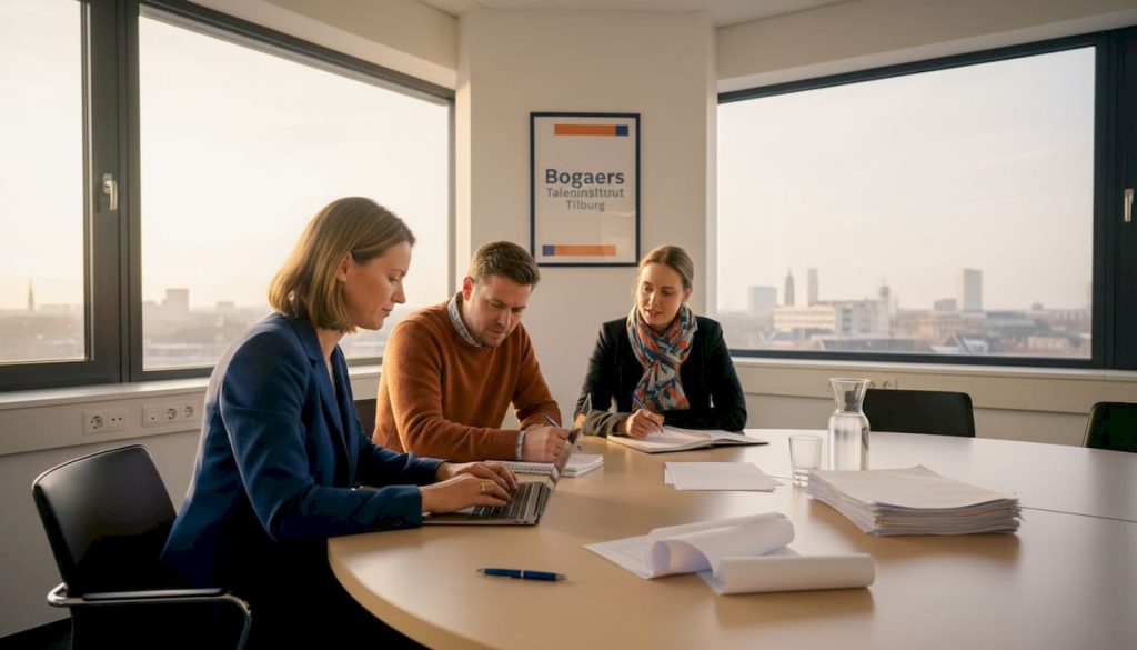 Een team zit samen aan tafel voor een overleg, met laptops en notitieblokken bij de hand.
