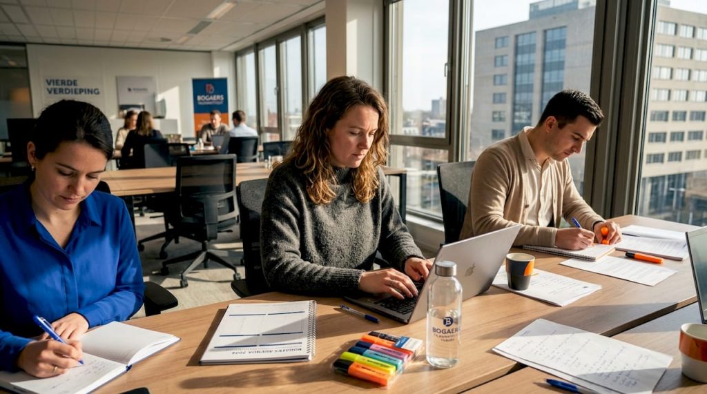 In een open kantoorruimte werkt een internationaal team nauw samen.