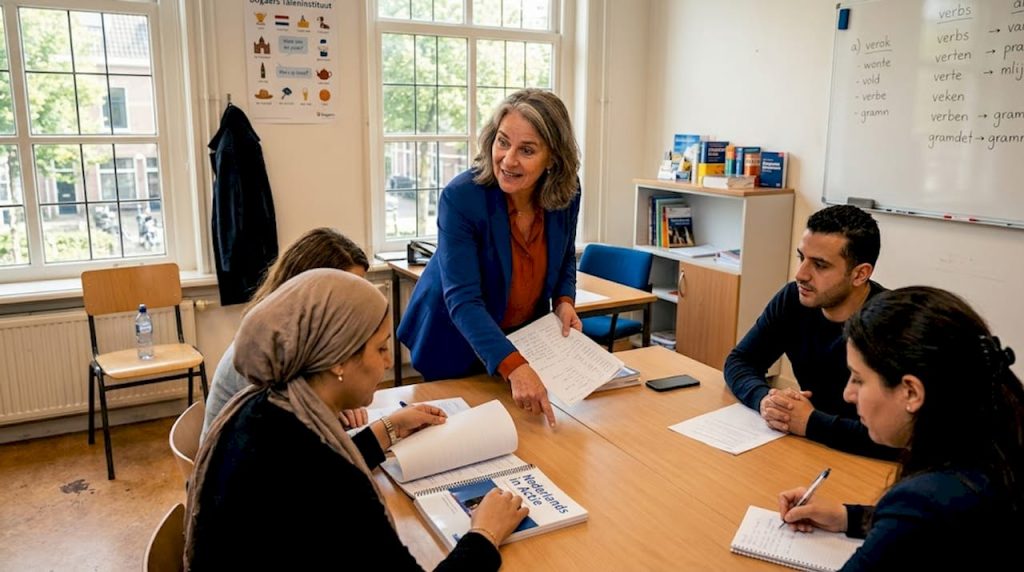 Een taaldocent geeft les aan een groep volwassen leerlingen in het klaslokaal.