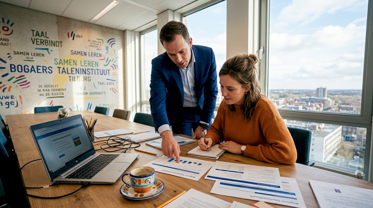 Twee collega’s in gesprek aan de vergadertafel op kantoor