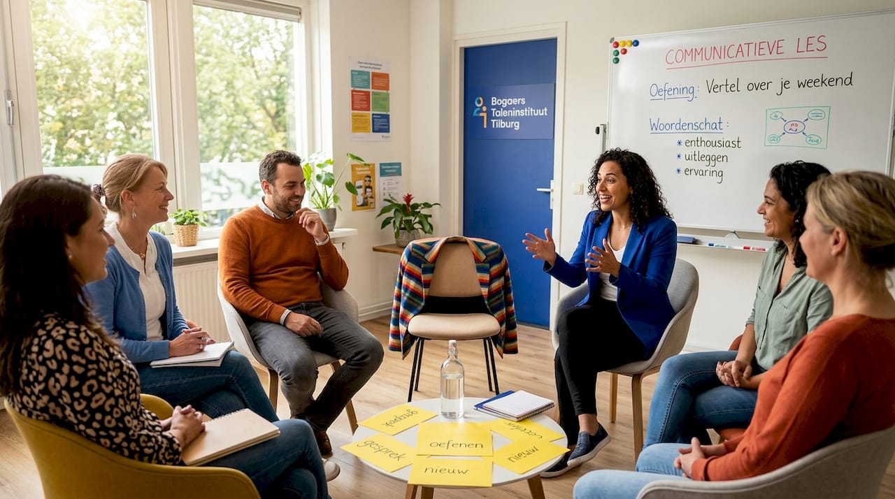 Een groep volwassenen volgt samen een cursus Nederlands waarin ze oefenen met spreken.