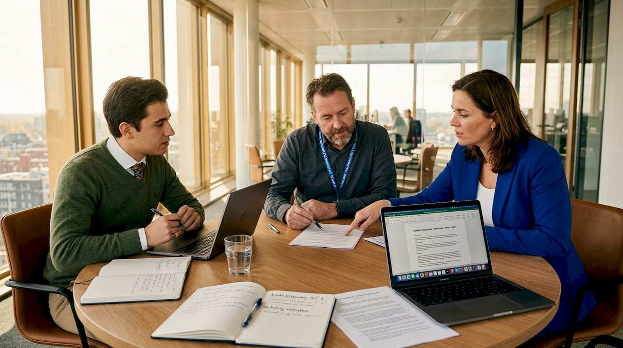 In een lichte, moderne kantoorruimte overleggen professionals enthousiast met elkaar over verschillende talen.