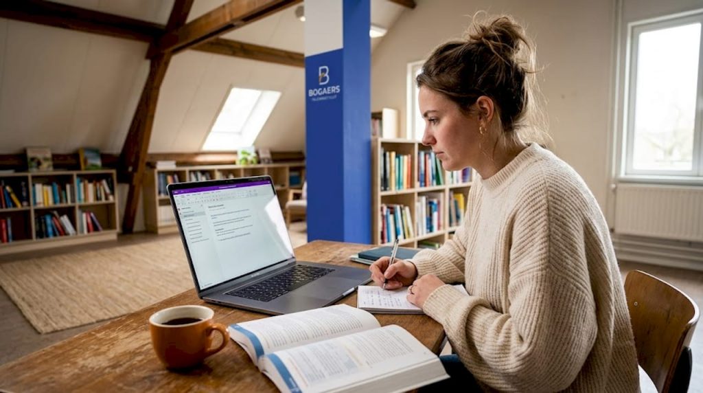 Een student zit thuis aan de keukentafel en volgt online les.