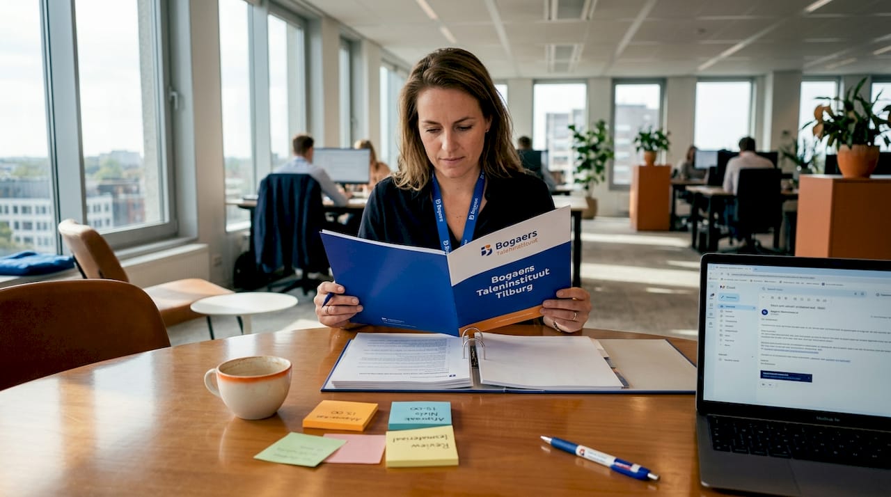 Tijdens het inwerktraject neemt de HR-manager de taalmaterialen door.
