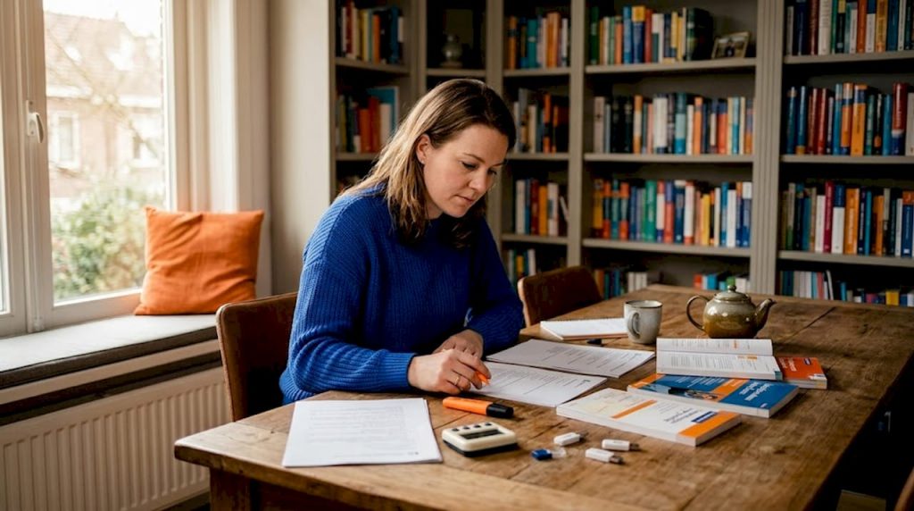 Thuis zit een vrouw geconcentreerd te studeren voor haar taalexamen.