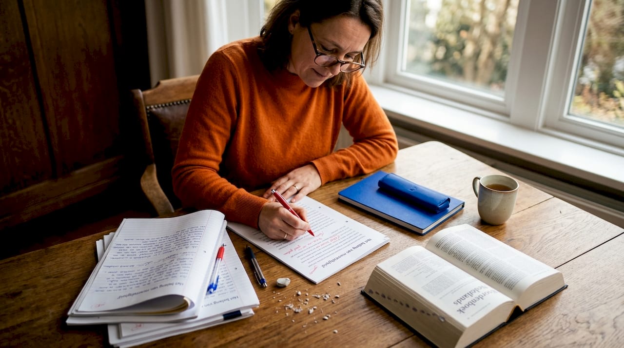 De docent kijkt thuis de Nederlandse schrijfopdrachten na.