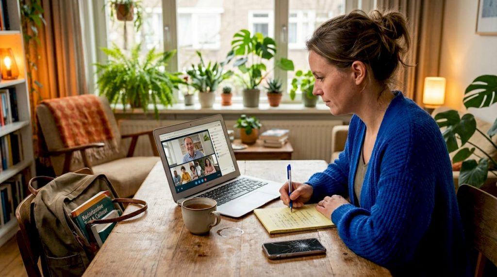 Een vrouw volgt online onderwijs terwijl ze aan haar keukentafel zit.
